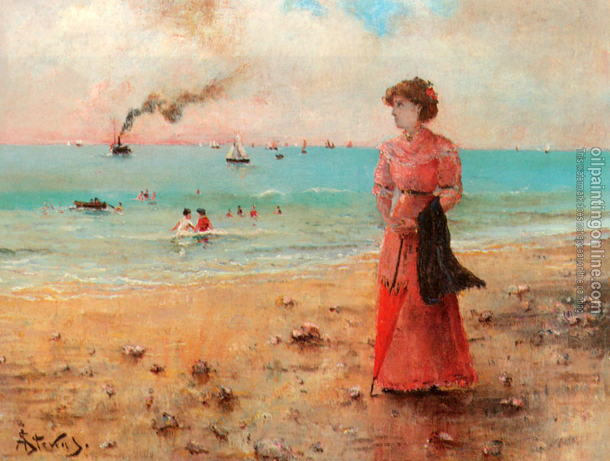 Stevens, Alfred - Jeune femme a l'ombrelle rouge au bord de la mer